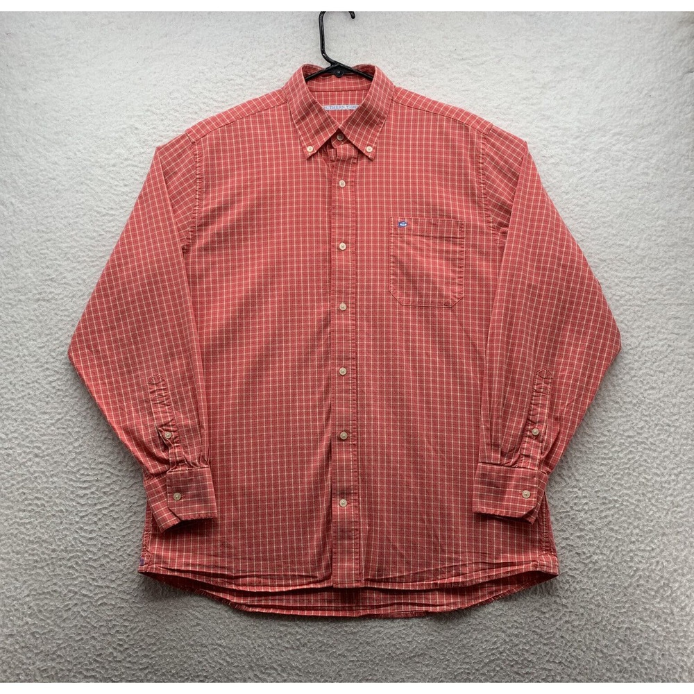 Southern Tide Button Up Shirt Mens Large L Red Yellow Check Preppy Casual Dad